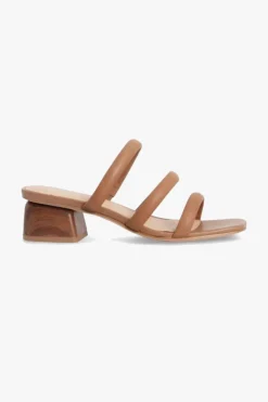 Nude Juniper Tan Square Toe Triple Strap Mid Heel Slide