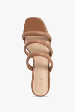 Nude Juniper Tan Square Toe Triple Strap Mid Heel Slide