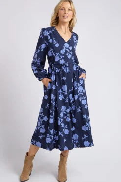 Elm Kacey Navy Floral V Neck Midi Dress