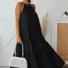 By Rosa. Kaye Black Cotton Sleeveless High Neck Tiered Maxi Dress