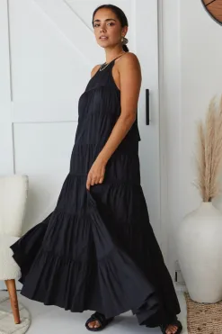 By Rosa. Kaye Black Cotton Sleeveless High Neck Tiered Maxi Dress