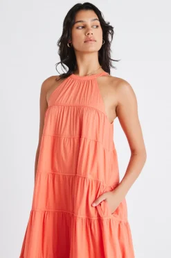 By Rosa. Kaye Watermelon Sleeveless High Neck Tiered Maxi Dress