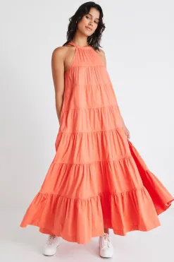 By Rosa. Kaye Watermelon Sleeveless High Neck Tiered Maxi Dress