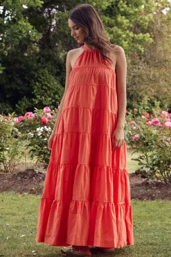 By Rosa. Kaye Watermelon Sleeveless High Neck Tiered Maxi Dress