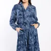 Drama The Label Kensie Blue Paisley Button Front Ruffle LS Dress