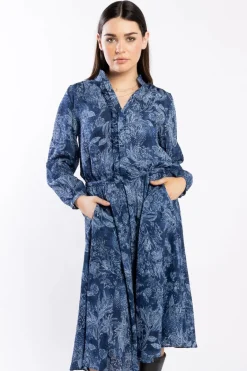Drama The Label Kensie Blue Paisley Button Front Ruffle LS Dress