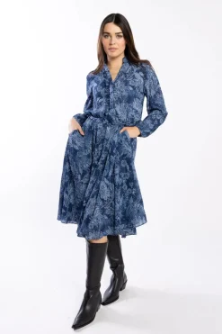 Drama The Label Kensie Blue Paisley Button Front Ruffle LS Dress
