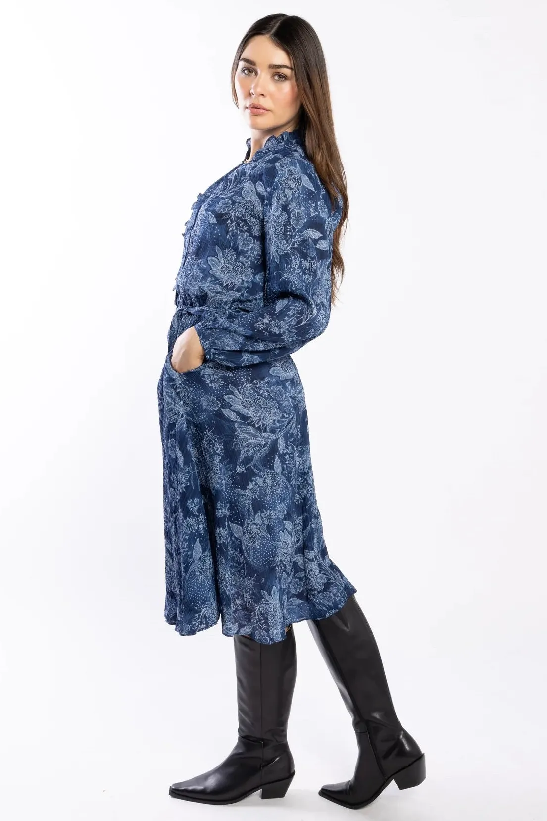 Drama The Label Kensie Blue Paisley Button Front Ruffle LS Dress