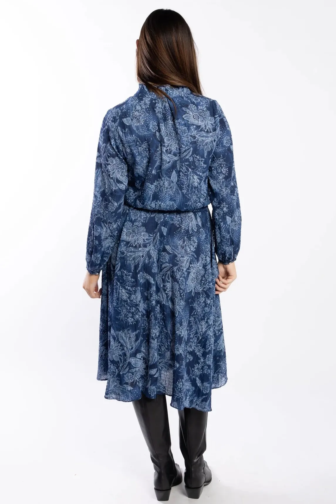Drama The Label Kensie Blue Paisley Button Front Ruffle LS Dress