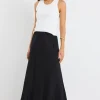 RE:UNION Label Lagos Black Linen Blend Bias Cut Maxi Skirt