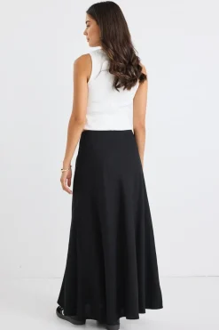RE:UNION Label Lagos Black Linen Blend Bias Cut Maxi Skirt