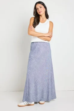 RE:UNION Label Lagos Chambray Blue Linen Blend Bias Cut Maxi Skirt