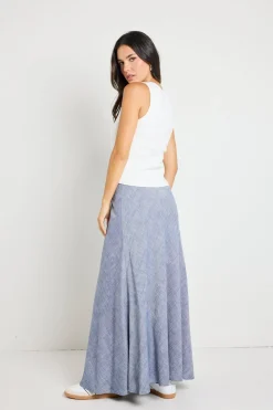 RE:UNION Label Lagos Chambray Blue Linen Blend Bias Cut Maxi Skirt