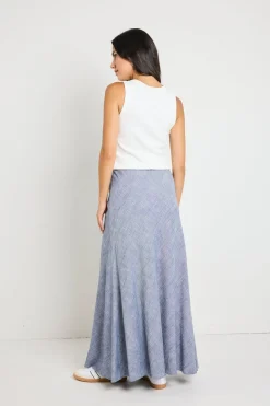 RE:UNION Label Lagos Chambray Blue Linen Blend Bias Cut Maxi Skirt