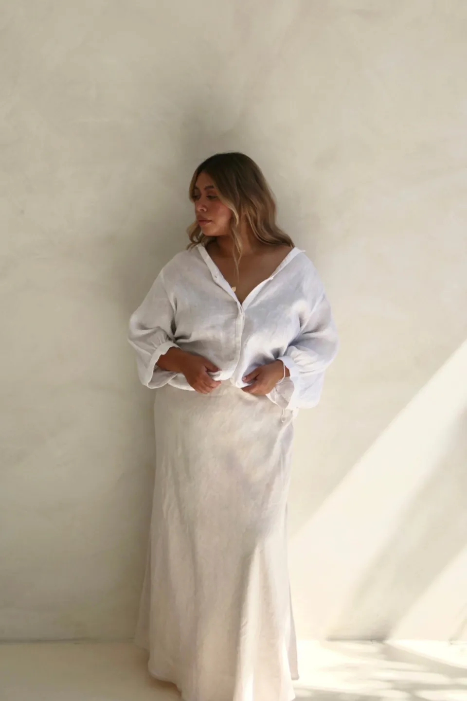 RE:UNION Label Lagos Natural Linen Blend Bias Cut Maxi Skirt