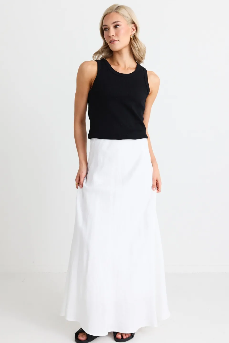 RE:UNION Label Lagos White Linen Blend Bias Maxi Skirt