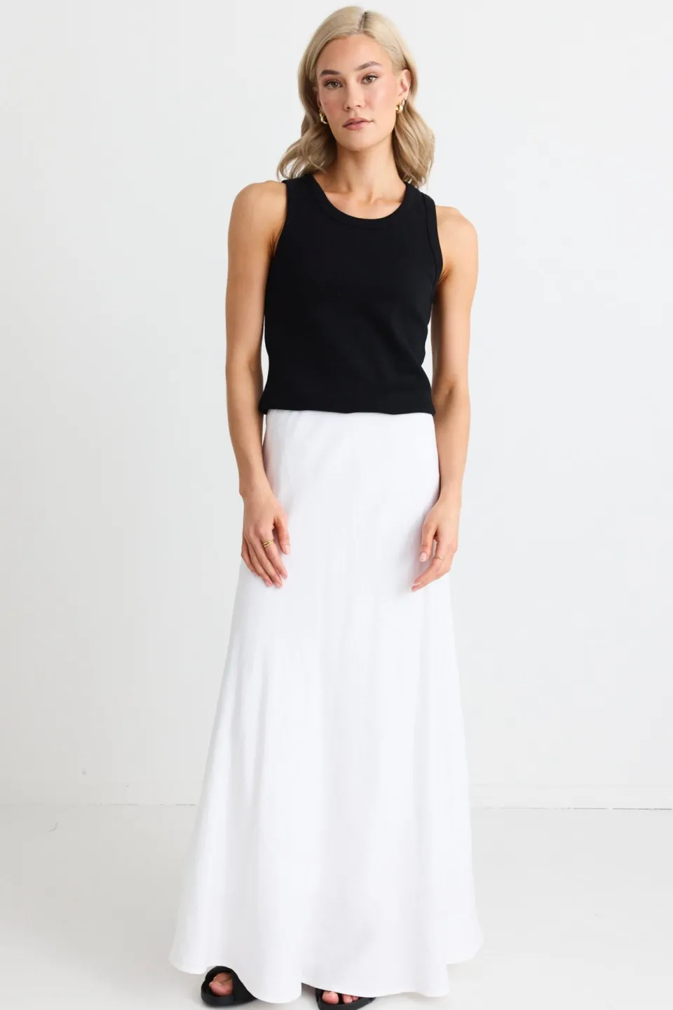 RE:UNION Label Lagos White Linen Blend Bias Maxi Skirt