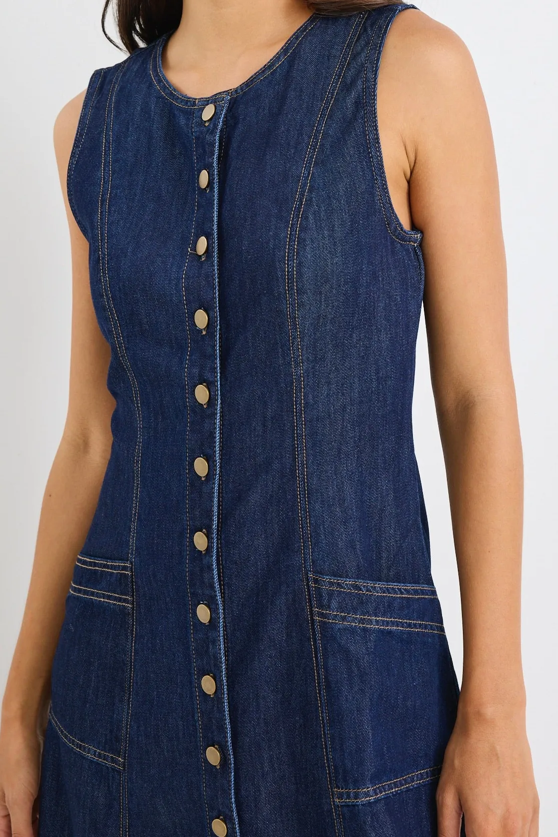 Among the Brave Laneway Indigo Denim Midi Vest Dress