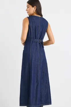 Among the Brave Laneway Indigo Denim Midi Vest Dress