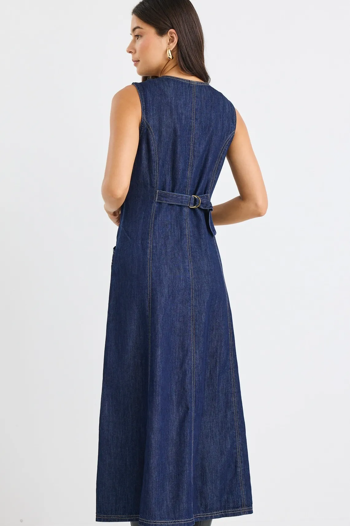 Among the Brave Laneway Indigo Denim Midi Vest Dress