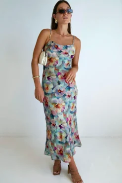 Georgia Mae Lavish Blue Multi Floral Tie Back Bias Slip Dress