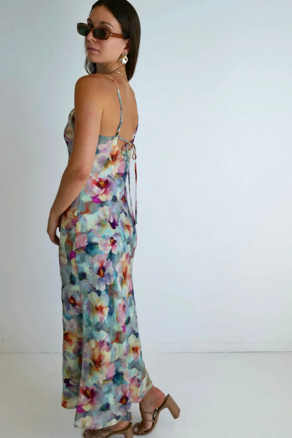 Georgia Mae Lavish Blue Multi Floral Tie Back Bias Slip Dress