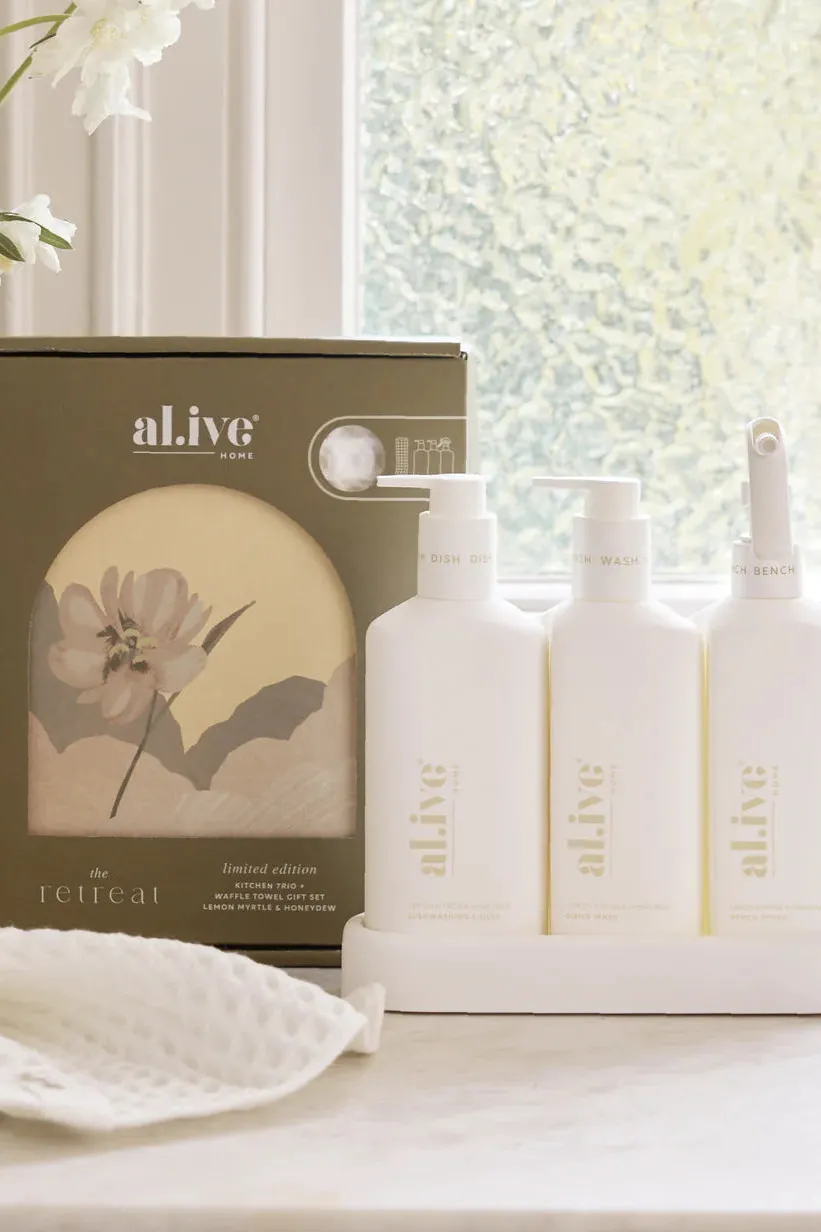 Alive Body Lemon Myrtle + Honeydue Kitchen Trio + Towel LE Retreat Gift Set