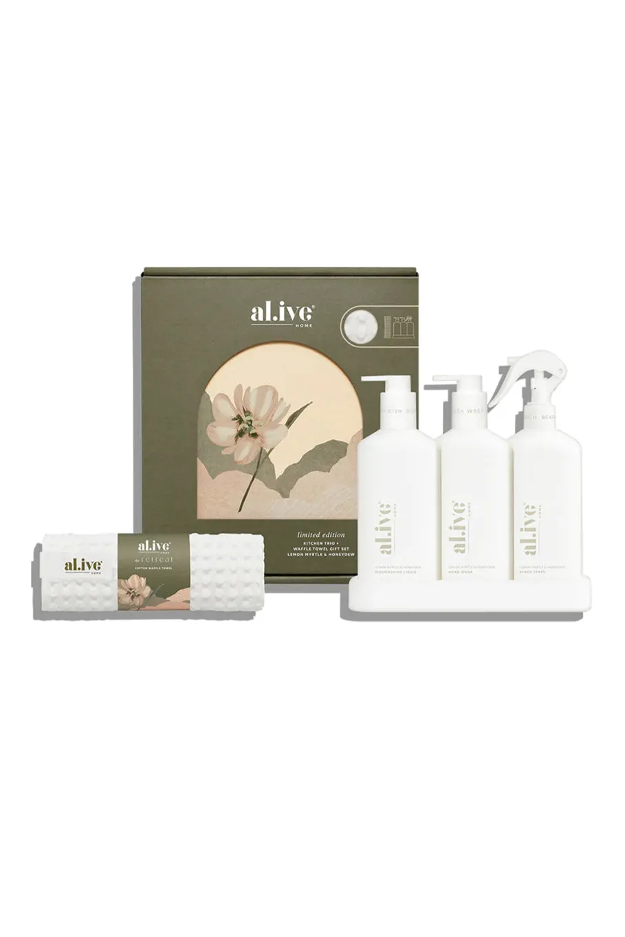 Alive Body Lemon Myrtle + Honeydue Kitchen Trio + Towel LE Retreat Gift Set