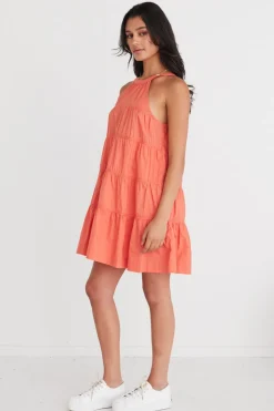 By Rosa. Levitate Watermelon High Neck Tiered Mini Dress