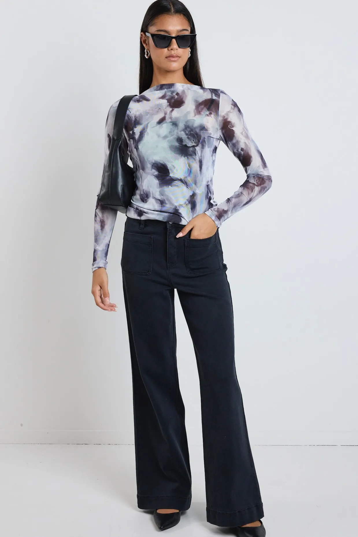 Stories be Told Light Charcoal Smudge Mesh Boatneck Top