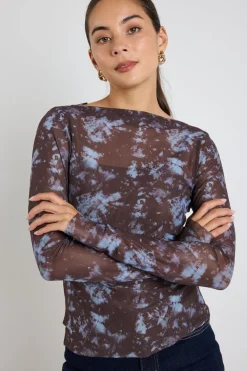 Stories be Told Light Chocolate Tie Dye Mesh Boatneck Top
