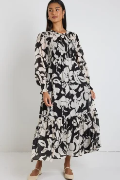 Ivy + Jack Limitless Black Floral LS Shirred Maxi Dress