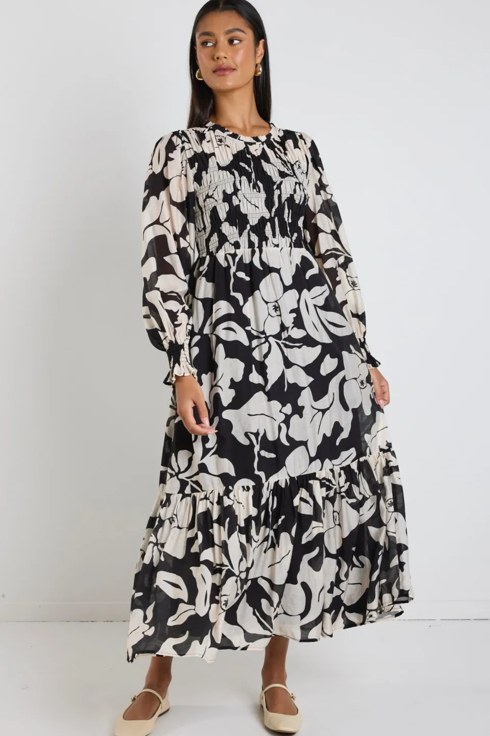 Ivy + Jack Limitless Black Floral LS Shirred Maxi Dress