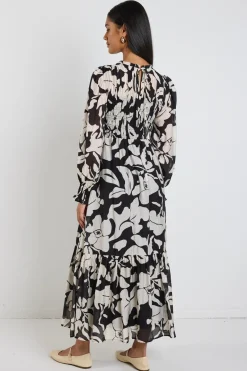 Ivy + Jack Limitless Black Floral LS Shirred Maxi Dress