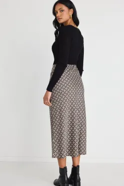 Georgia Mae Loyal Black Geo Satin Bias Midi Skirt