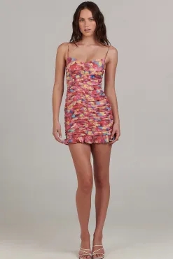 Charlie Holiday Luisa Pink Botanica Ruched Strappy Mini Dress
