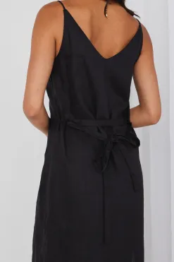 RE:UNION Label Lulu Black Linen Strappy Midi Dress