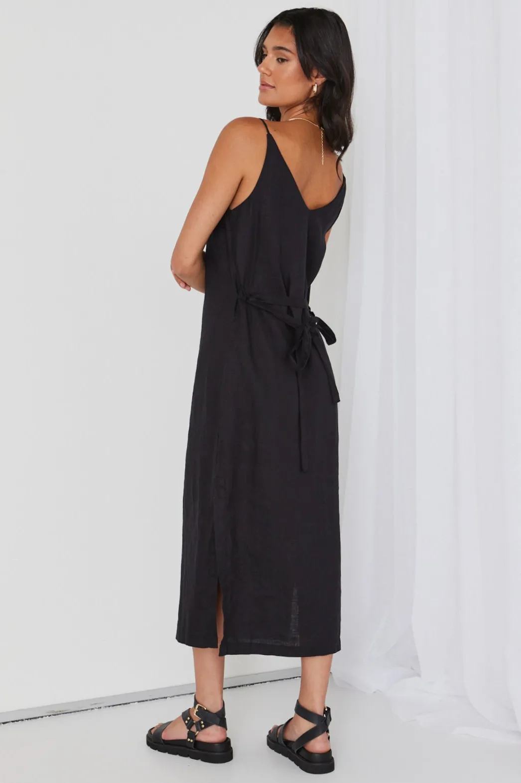 RE:UNION Label Lulu Black Linen Strappy Midi Dress