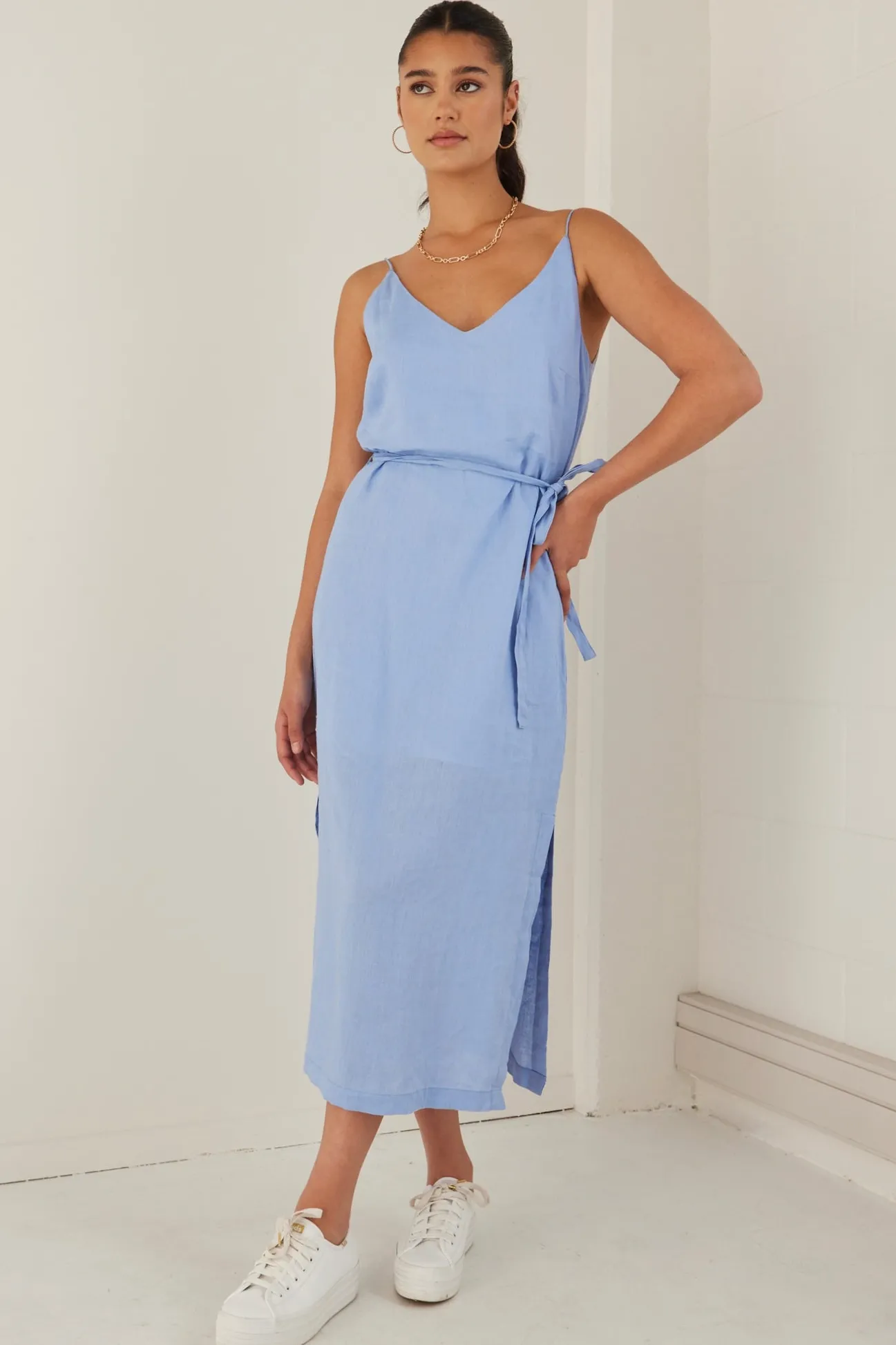 RE:UNION Label Lulu Cornflower Linen Strappy Midi Dress