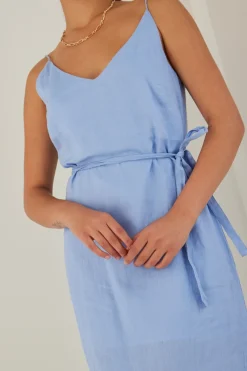 RE:UNION Label Lulu Cornflower Linen Strappy Midi Dress