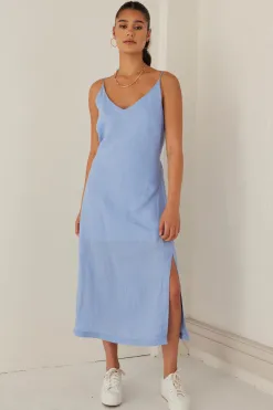 RE:UNION Label Lulu Cornflower Linen Strappy Midi Dress