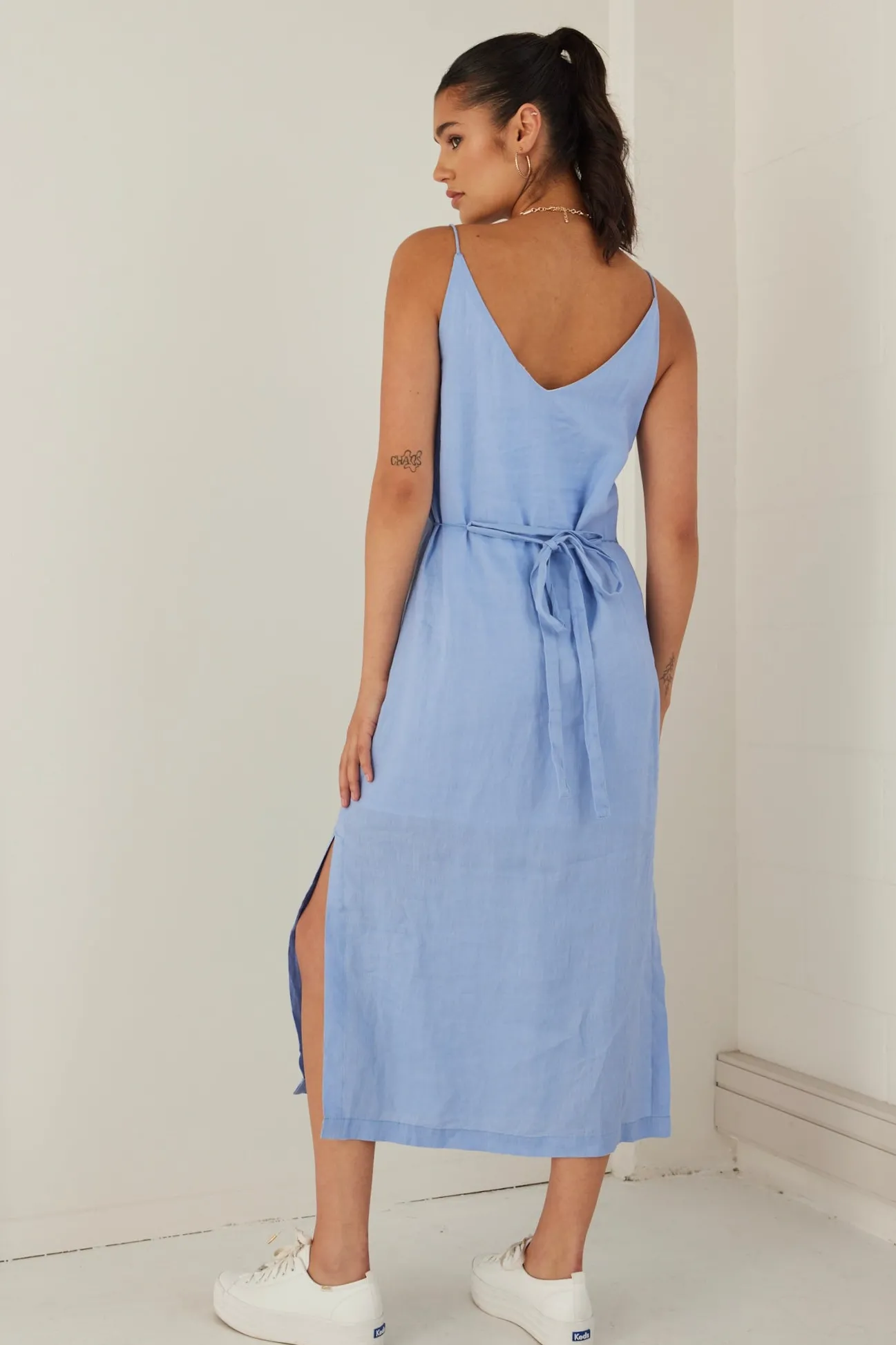 RE:UNION Label Lulu Cornflower Linen Strappy Midi Dress