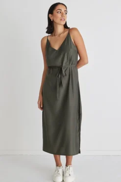 Among the Brave Lulu Khaki Washer Satin Tie Waist Midi Slip Dress