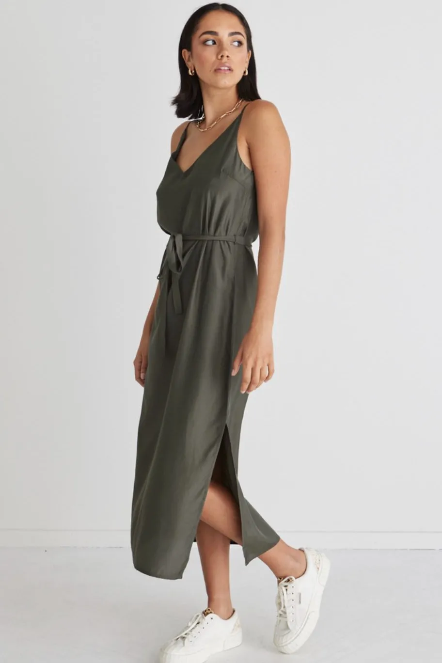 Among the Brave Lulu Khaki Washer Satin Tie Waist Midi Slip Dress