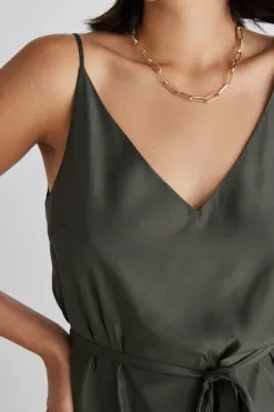 Among the Brave Lulu Khaki Washer Satin Tie Waist Midi Slip Dress