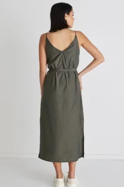 Among the Brave Lulu Khaki Washer Satin Tie Waist Midi Slip Dress