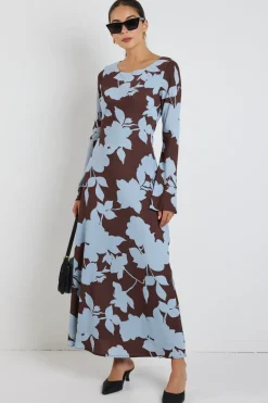 Stories be Told Luminous Brown Blue Floral Fluted Sleeve Bias Maxi Dress