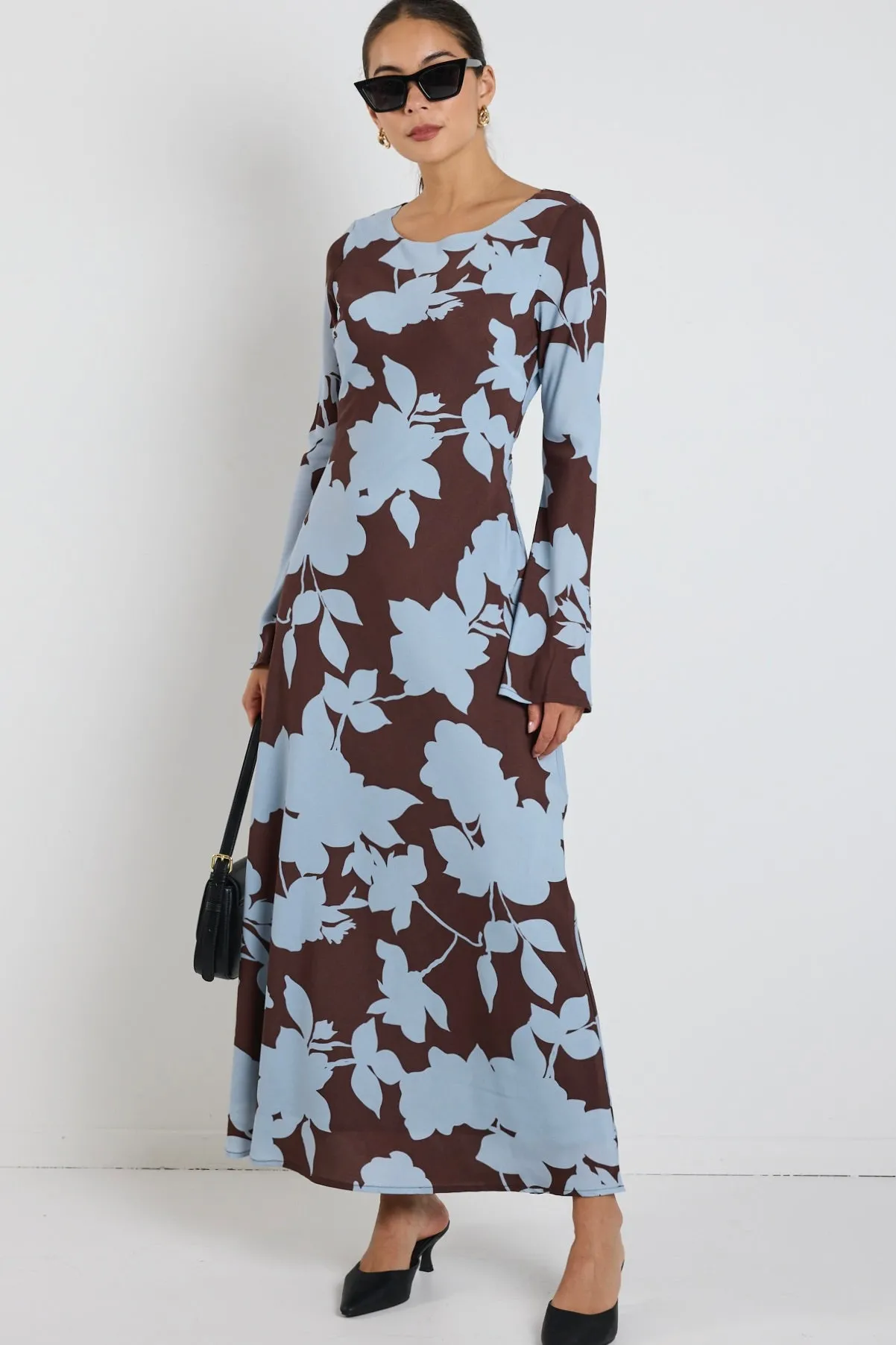 Stories be Told Luminous Brown Blue Floral Fluted Sleeve Bias Maxi Dress