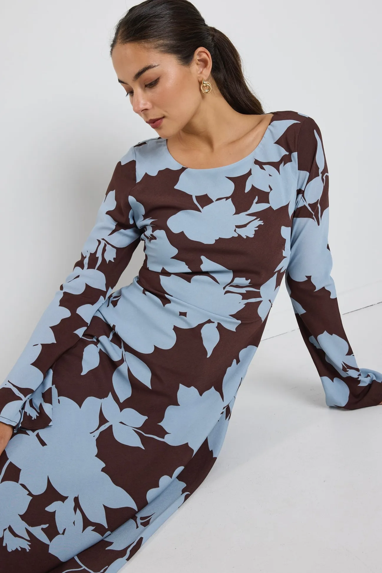 Stories be Told Luminous Brown Blue Floral Fluted Sleeve Bias Maxi Dress