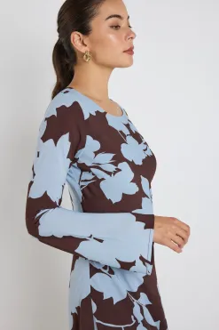 Stories be Told Luminous Brown Blue Floral Fluted Sleeve Bias Maxi Dress
